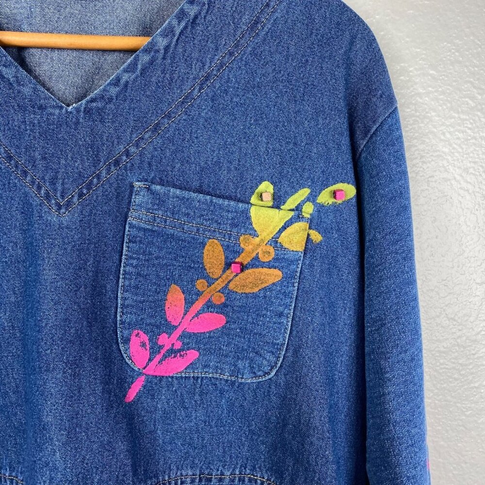 Vintage Saint Germain Paris Top Blue Size XL Denim Hand Painted Boho Art to Wear - Picture 7 of 14